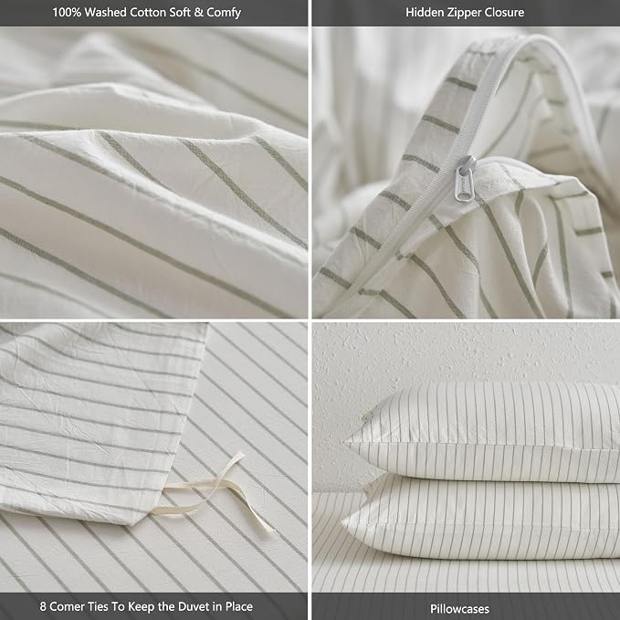 MooMee Striped Duvet Cover Set 100% Washed Cotton Linen Like | Relaxed Linen-like Texture. Soft, Breathable & Long-lasting Comfort. Lightweight. Hidden Zipper with 8 Interior Corner Ties