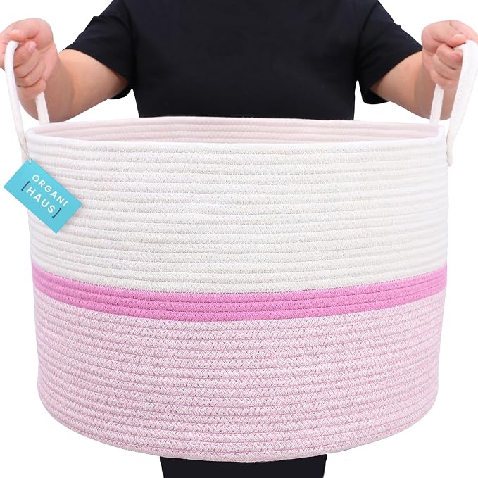 OrganiHaus Round Toy Basket & Blanket Basket, Cotton Rope 20x13" | Striped Pink - Round Cotton Rope Basket, 20x13"