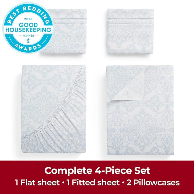 Mellanni Iconic 4-Piece, Ultra Soft Sheet Set (Queen, Laced Sky Blue) | 10M+ Sleepers. Lab-tested: Sleeps Cool, Stays Bright, Strong, Smooth. Good Housekeeping Best Bedding, 7 yrs running.