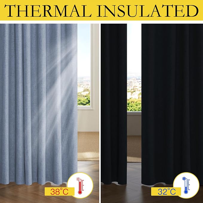 NICETOWN 100% Blackout Linen Curtains 84" Long 2 Panels, Stone Blue | Boho-Chic Thick Linen Blend, Thermal Insulated, Privacy Window Drapes for Bedroom, Living Room, W42" x L84" Each