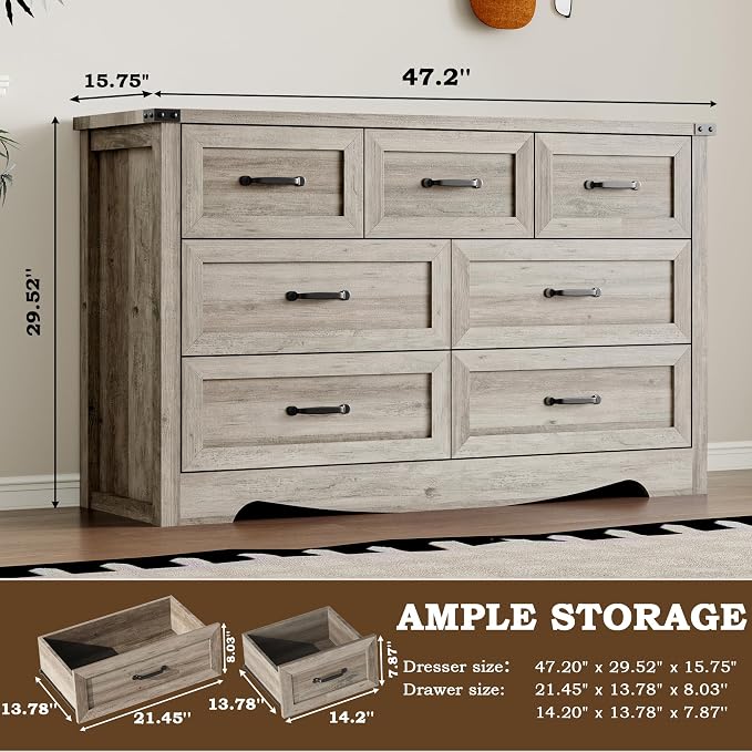 BORNOON 7-Drawer Dresser for Bedroom, Modern Wooden Chest of Drawers with Metal Handles, Anti-Tipping Design, Sturdy and Stable Storage Organizer for Living Room, Entryway, Home Office