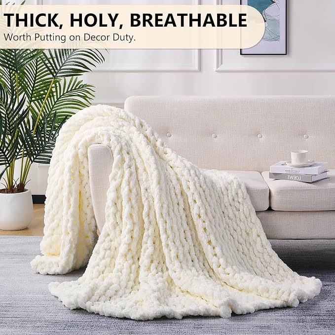 L'AGRATY Chunky Knit Throw Blanket for Couch, 80 x 90 Inches, Cream White | Handmade Chenille Crochet Blanket for Sofa Bed, Thick Cable Knitted Blankets for Room Home Decor, Birthday Gift for Women Mom