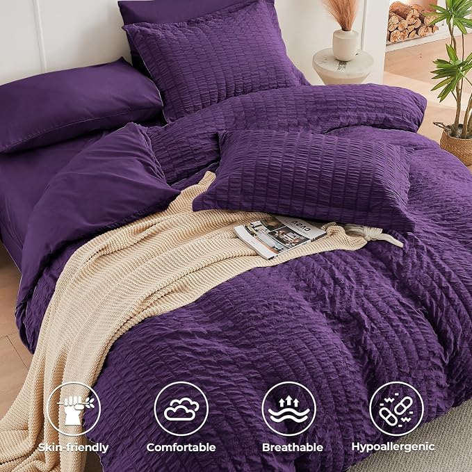 HYMOKEGE Dark Purple Twin XL Comforter Set Seersucker 5 Pieces, All Season Luxury Bed in a Bag for Bedroom, Bedding Set with Comforter, Sheets, Pillowcase & Sham