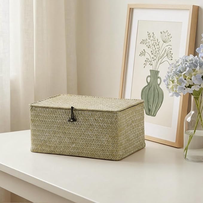 Nonam Wicker Storage Basket with Lid,Seagrass Shelf Basket Set of 3,White | Wicker Basket Container for Organizing, Boho Decorative Basket, Rectangular Household Storage Boxes for Home Organization