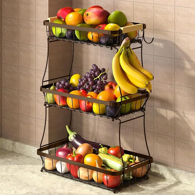 Sevenblue 3-Tier Fruit Basket with Banana Hangers, Detachable Metal Bowl | Wooden handle, protective mats included. Versatile holder for bread, snacks, and veggies. Large 3 tier metal design.