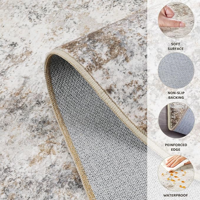 UERMEI 3x5 Entryway Area Rug Washable Neutral Brown Grey Small Carpet | Modern Abstract Non-Slip Soft Low Pile Rugs for Entrance Kitchen Living Room Bedroom Front Door Decor, Kid & Pet Friendly