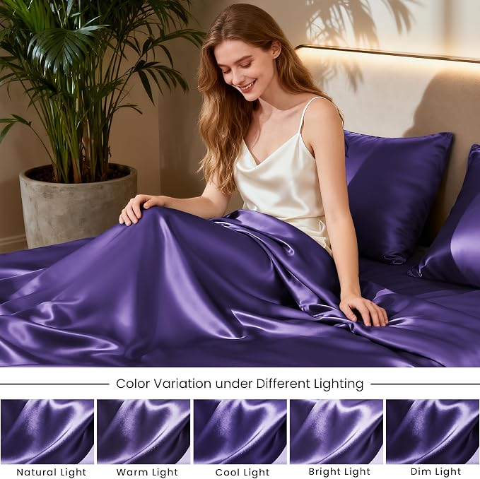 Love's cabin Full Size Satin Sheet Sets - 4 Piece Purple Silky Sheet Set Full with Deep Pocket, Luxury Silk Feel Bed Sheets Full Bedding Set (1 Flat Sheet,1 Fitted Sheet,2 Pillow Cases)
