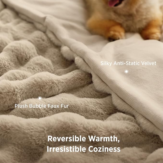 Bedsure GentleSoft Bubble Faux Fur King Size Blanket for Bed, Fluffy Fuzzy King Blanket for Winter, Soft Cozy Faux Fur Bedding Thick Warm Plush Decor for Bedroom, Beige, 104x90