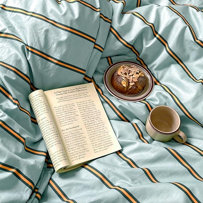 mixinni Retro Mint Blue Striped Duvet Cover Set - 100% Natural Cotton 3-Piece Vintage Stripes Pattern Printed Bedding Set, Soft Breathable Comforter Cover with Zipper & Ties, Twin XL Size
