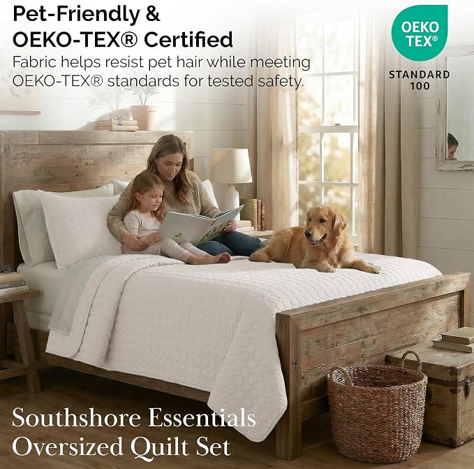 Southshore Fine Living, Inc. Quilted Summer Bedspread, Beige King Quilt Set with 2 Pillow Shams, Geometric Circle Design, Lightweight Bedspread, California King Size Coverlet, Soft Bedding Set, Bone