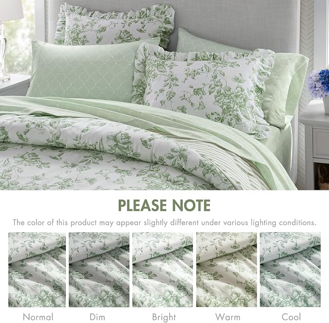 Madison Park Essentials Green Floral Comforter Set with Sheets Full,7pc | Vintage, Ruffle Bed in a Bag, Reversible, Elegant Bedding Set, All Season, Machine Washable, Wrinkle Resistant, Ultra Soft