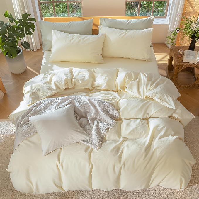MooMee Duvet Cover Set 100% Washed Cotton Linen Like Oversized King | Relaxed Linen-like Texture. Soft, Breathable & Long-lasting Comfort. Lightweight. Hidden Zipper with 8 Interior Corner Ties