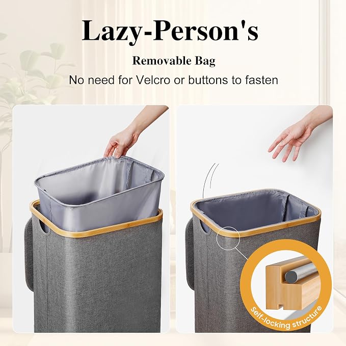 Foluck Large Laundry Hamper, 100L Waterproof Laundry Basket with Lid and Removable Bag, Collapsible Tall Clothes Hamper with Bamboo Handles for Clothes Toys in Dorm Bedroom Bathroom, Grey