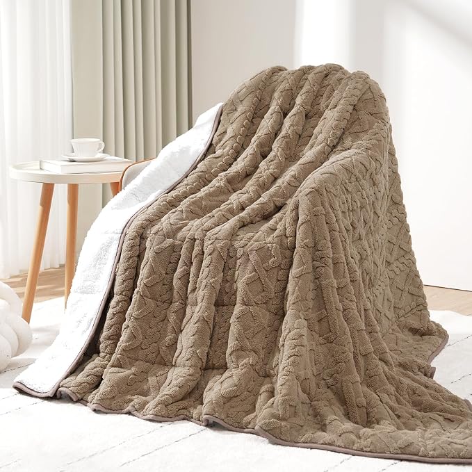 Drewin Weighted Blanket Queen Size 15lbs for Adults,Brownish White,60"x80" | Stress Relief & Better Sleep,Soft Jacquard Sherpa with Glass Beads,Machine Washable,Great for Napping,Relaxing,Reading