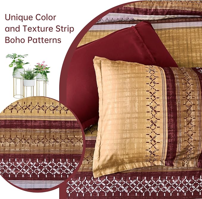 Dintszyayue Burgundy Queen Comforter Size Set, 8 Pieces Boho Striped Texture Bed in a Bag Sets, Lightweight Soft Bohemian Comforter and Sheet Set, All Season Microfiber Bedding Sets for Men Women