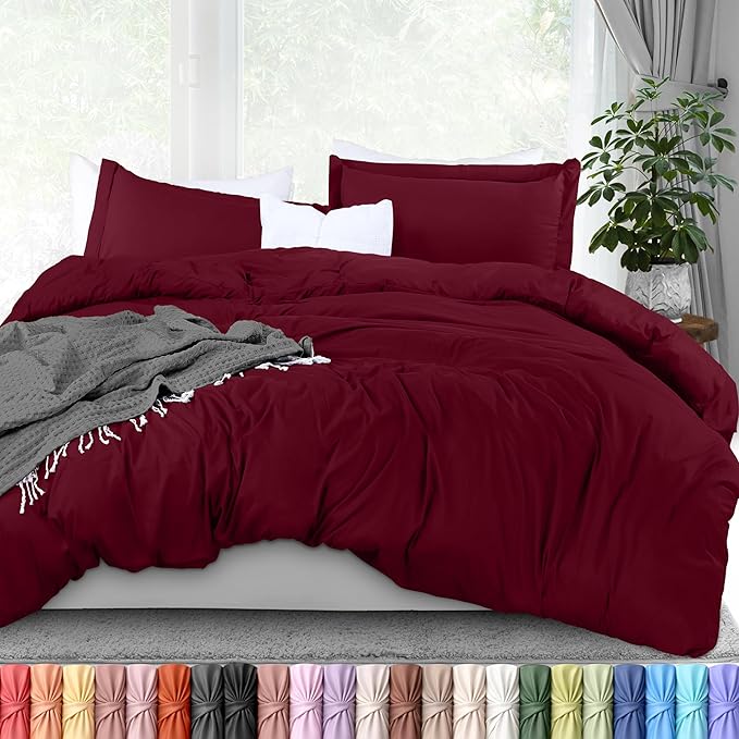 Duvet Cover King, 3 PC Cotton Like Polyester With Zipper Closure, Burgundy | Extra Soft and Breathable, Wrinkle & Fade Resistant, Includes Duvet Cover and 2 Pillow Shams, Comforter Not Included, OekoTex