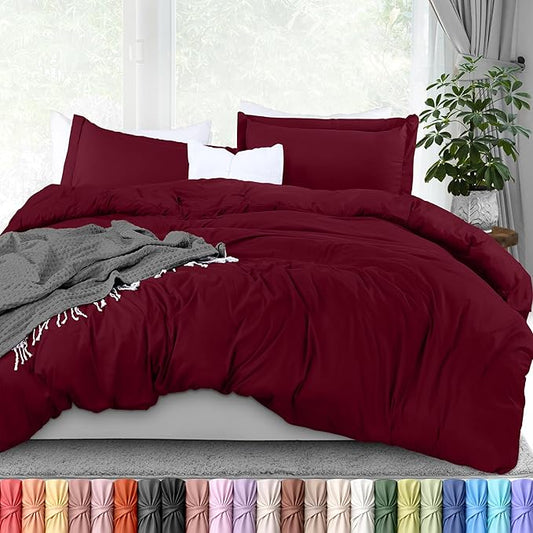 Duvet Cover King, 3 PC Cotton Like Polyester With Zipper Closure, Burgundy | Extra Soft and Breathable, Wrinkle & Fade Resistant, Includes Duvet Cover and 2 Pillow Shams, Comforter Not Included, OekoTex