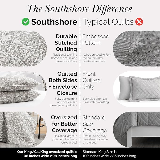 Southshore Fine Living, Inc. Ashanti Collection Oversized King Quilt Bedding Set, Soft Fabric, Lightweight Bedspread 3-Piece, Two Matching Shams (108 in Wide x 98 in Long), Cal/King Quilt Sets, Bone