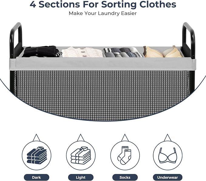 STO STO Laundry Hamper 4 Section, 140L Rolling Laundry Sorter Cart with Removable and Washable Liner Bag, Clothes Hamper with Wheels and Metal Handle for Laundry Room and Bedroom, Gray