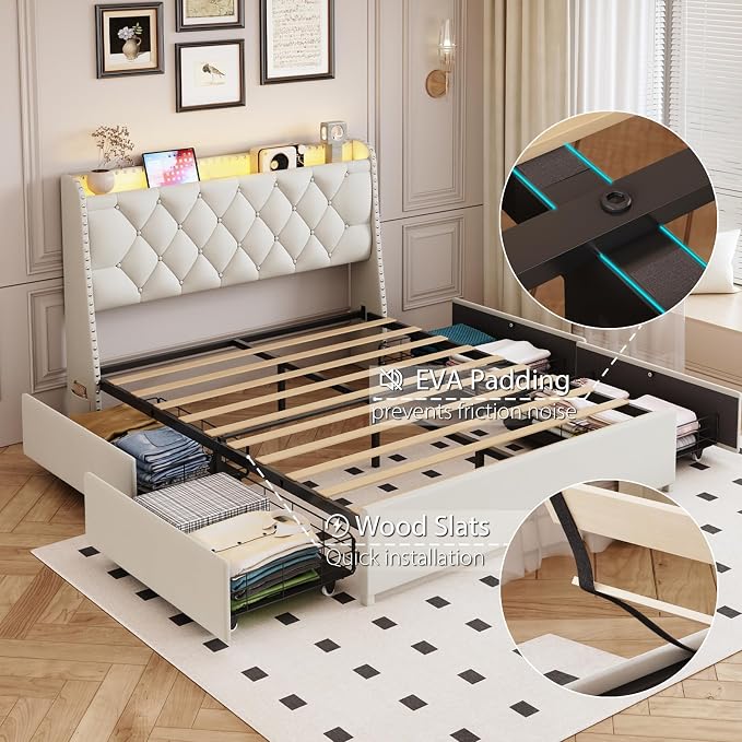 TIGUBFRE Full Size Bed Frame with 4 Drawers and Storage Headboard, Upholstered Tufted Wingback Bed Frame with LED Lights and Charging Station, No Box Spring Needed, Easy Assembly, Noise Free, Beige