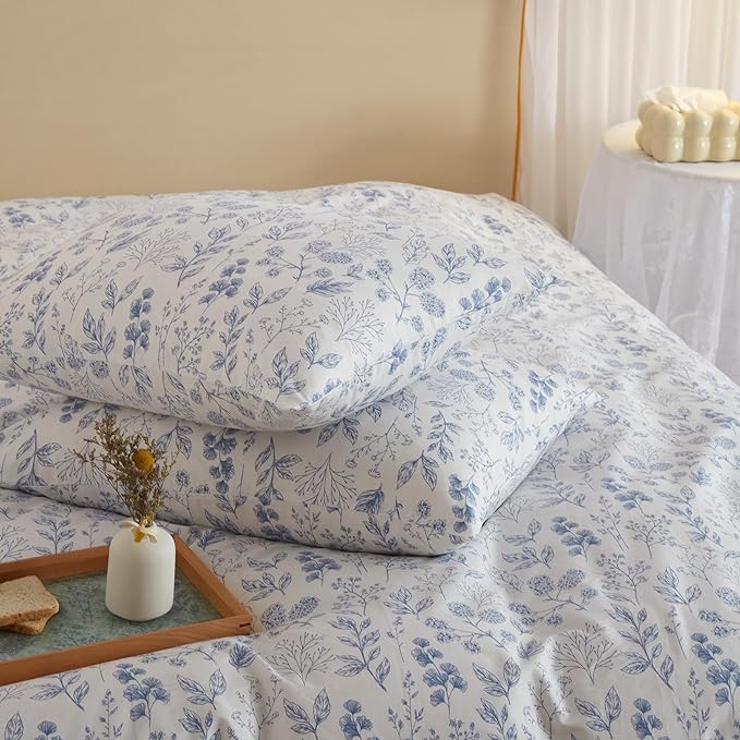 mixinni Girls Blue Flower Leaves Pattern on White Duvet Cover Twin Size Soft Cotton Bedding Comforter Cover Set with Zipper Closure 4 Corner Ties for Teenage Girls (1 Duvet Cover + 2 Pillowcases)