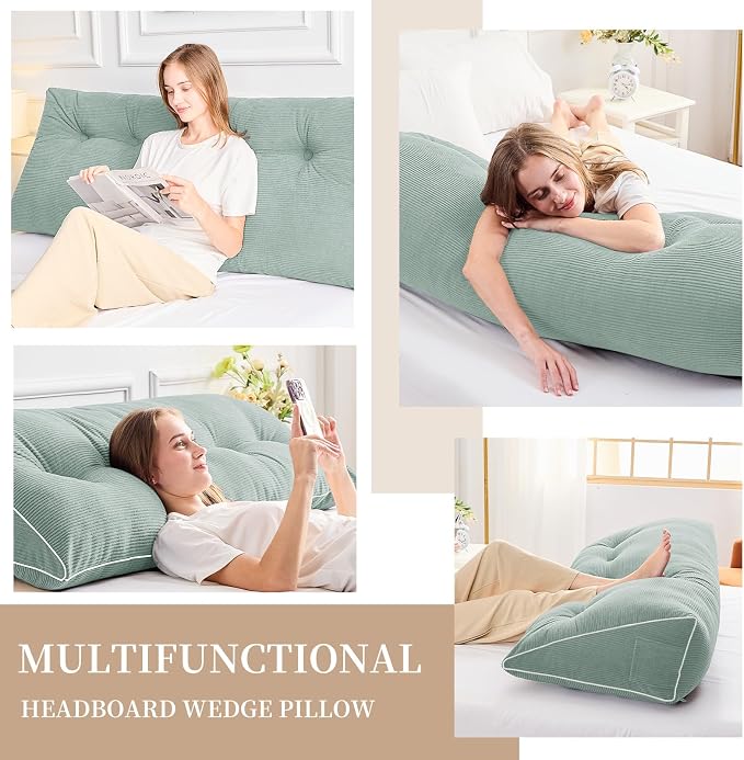 Sasttie Headboard Pillow Full, Wedge Pillow Headboard, Mint Green | Triangle Backrest Cushion for Sitting or Reading in Bed, Dorm Essentials, OEKO-TEX, Down Alternative Fill, Side Pockets