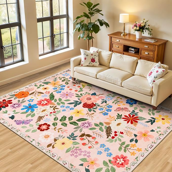 PLHXFR Area Rug Living Room: 5x7 Floral Washable Boho Soft Carpet Beige | For Bedroom Dining Room Farmhouse Nursery Hallway,Vintage Floral,Machine washable,Non Slip,Stain Resistant,Large Indoor