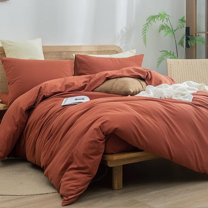 BESTOUCH Cotton Solid Duvet Cover Set Linen Feel Crimson Red King | 100% Washed Cotton, Soft Wrinkle Texture, Hidden Zipper, 8 Ties, Breathable Lightweight Durable Comfy, 3 Pcs No Insert