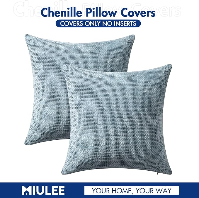 MIULEE Decorative Coastal Blue Euro Sham Pillow Covers 24x24 Inch 2 Pack | Modern Boho Accent, Soft Chenille Pillow Covers, Farmhouse Cushion Cases for Home Decor Bed Sofa Living Room