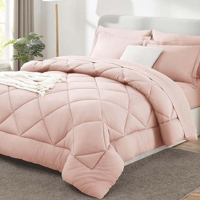 King Size Comforter Set Blush Pink - 7 Pieces Complete Bedding Set | OEKO-TEX Certified, All Season, 240GSM Down-Alternative Comforter, Sheets, Pillowcases & Shams, 14" Deep Pocket, Easy Care
