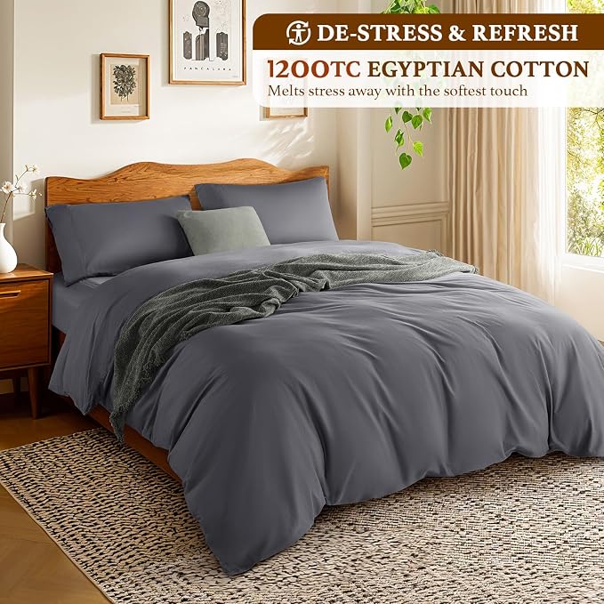 DEITAS 100% Cotton Queen Duvet Covers 3 Piece,1200 Thread Count，Dark Grey | Luxury Egyptian Cotton Comforter Cover With Zipper Closure, Ultra Cooling Breathable, Hotel Bedding Duvet Covers