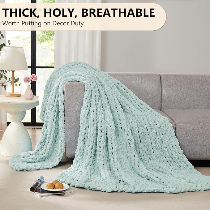 L'AGRATY Chunky Knit Throw Blanket for Couch, 50 x 60 Inches, Mint Green | Handmade Chenille Crochet Blanket for Sofa Bed, Thick Cable Knitted Blankets for Room Home Decor, Birthday Gift for Women Mom