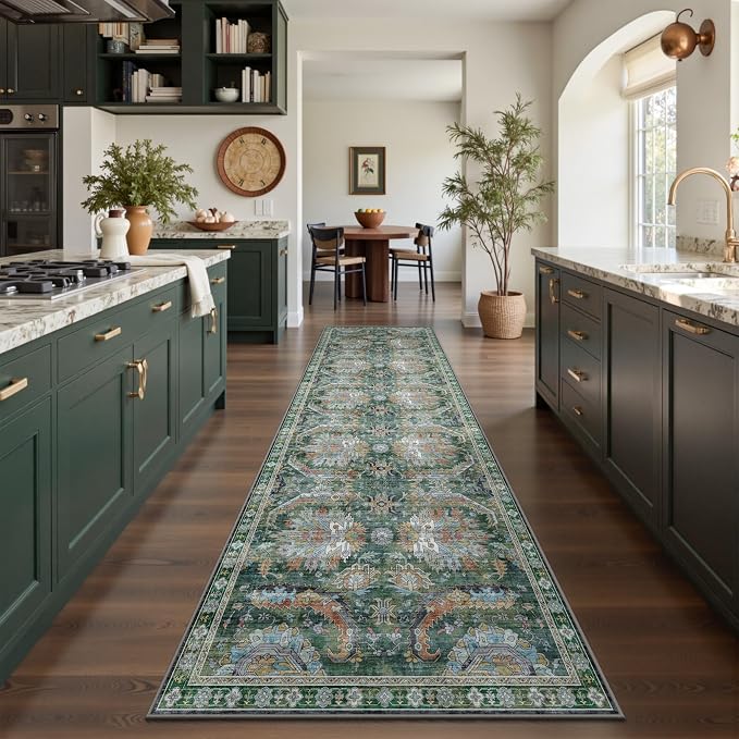 2x8 Hallway Runner Rug, Washable Vintage Retro Long Runner Rugs for Kitchen Laundry, Soft Ultra Thin Non Slip Low Pile Traditional Area Carpet for Bedroom Bathroom Indoor, Green