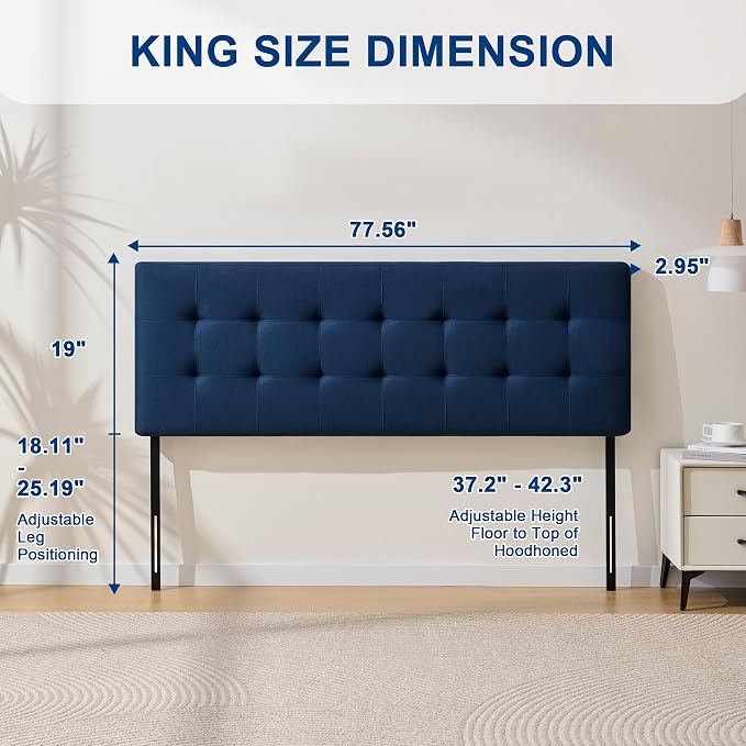 Linen Stitched Tufted King Headboard, Adjustable Height 37.2-42.3 in, Blue | Wood Twin Headboard Only, Padded Support for Reading, Relaxing or Working in Bed, Stable Non-Slip Design, Fits Bed Frame