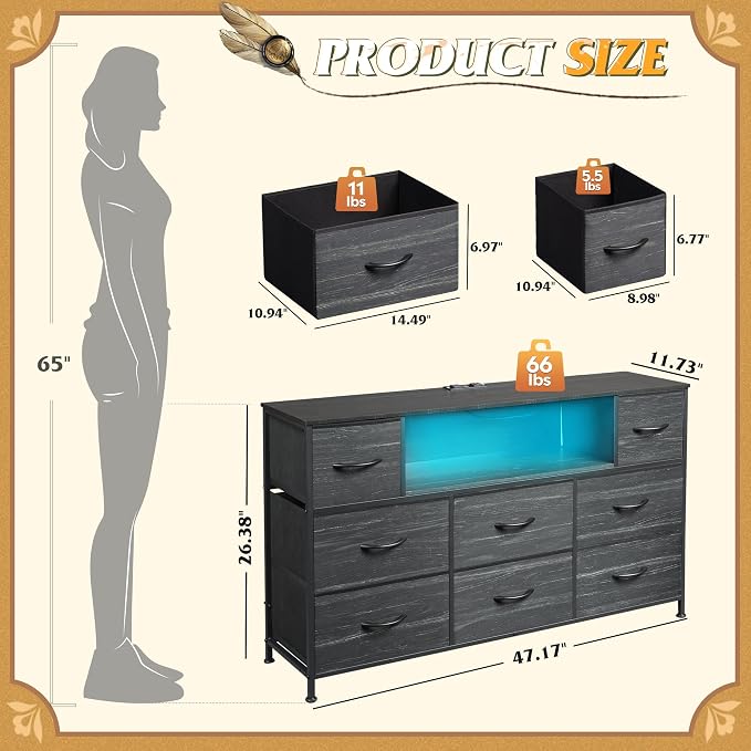 WLIVE Dresser TV Stand for 55 Inch TV, 8 Drawers, LED, Black Wood Grain | Fits TVs up to 55 inch, 8 fabric drawers, Built-in power outlet, Chest of drawers, Living room or bedroom