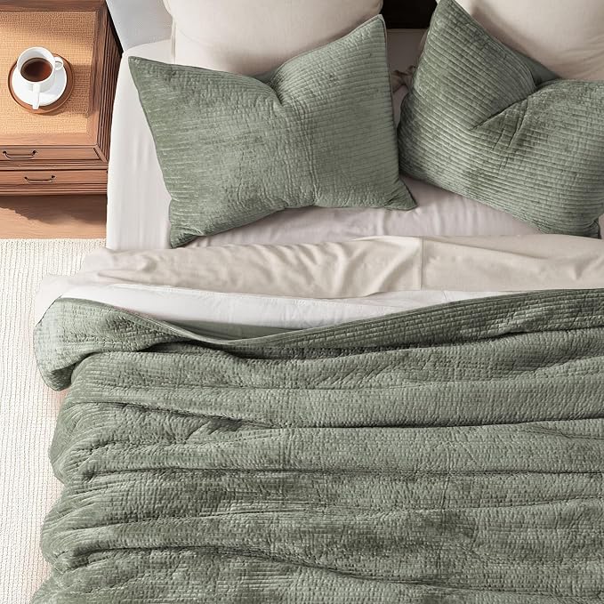 EverGrace Striped Channel Velvet Quilt Set, King Size, Dried Thyme Green | Luxurious Soft Lightweight Velvet Comforter, Oversized Bedspread Coverlet, Quilted Bedding Set for All Season, with 2 Shams