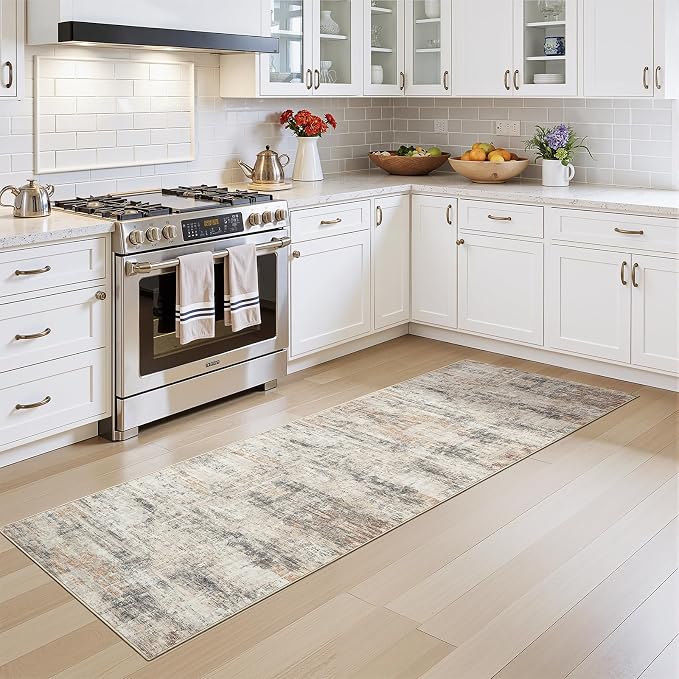 2X8 Area Rug for Hallways, Gold Abstract Washable Non-Slip Runner Rugs | Low Pile Runner Rugs, Soft Carpet for Kitchen Bathroom Bedroom Laundry, Stain Resistant Foldable Non-Shedding Distressed Rug