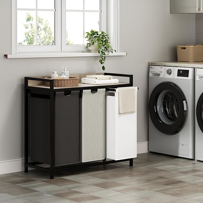 Herture Laundry Hampers with Shelf, Laundry Basket 3 Section, 3 x 15.87 Gal | Laundry Sorter with Pull-Out Removable Large 3 Color Bags and Movable Wheels, Metal Frame, Greige PF04XLZ