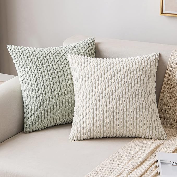 MIULEE Decorative Throw Pillow Covers 16x16 Light Green Textured Corduroy | Pack of 2 Striped Pillow Covers Modern Farmhouse Home Decor for Couch Bed Sofa Living Room