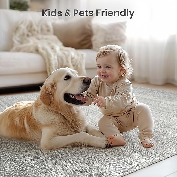 5x8 Area Rug Non Slip, Large Washable Rugs for Living Room, Grey | Soft Low Pile, Thin & Lighweight Carpet, Folable Stain Resistant Modern Indoor Floor Mat for Bedroom, Dining Room, Home Decor