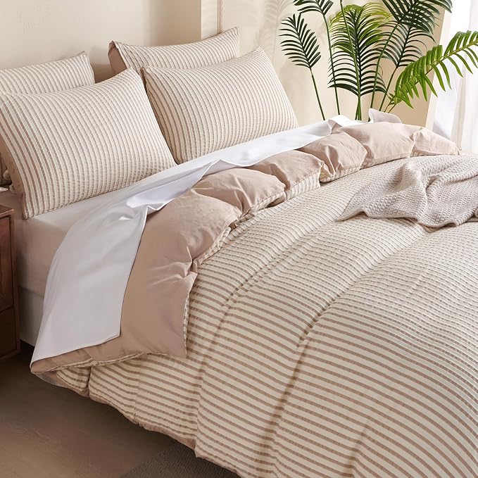 Comforter Queen Set Beige Striped Soft Luxury Washed Microfiber Jacquard 3 Pieces Bedding, White Beige Vertical Ticking Stripes Pattern Comforter with 2 Pillowcases Breathable Durable Comfy