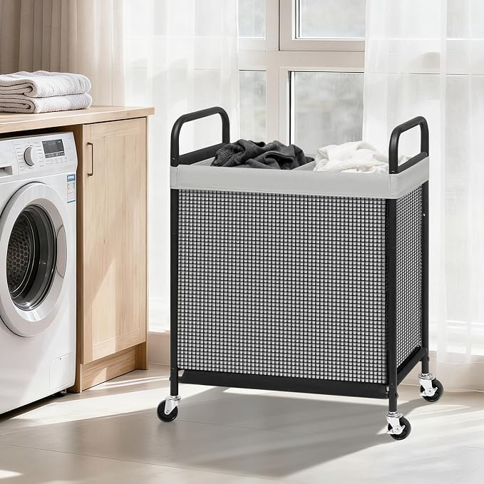 STORAGE MANIAC Rolling Laundry Hamper with Wheels 2-Section Laundry Sorter Rolling Laundrys Basket on Wheels with Removable Bag Clothes Hamper Laundrys Organizer Cart Bathroom Bedroom 100L Grey