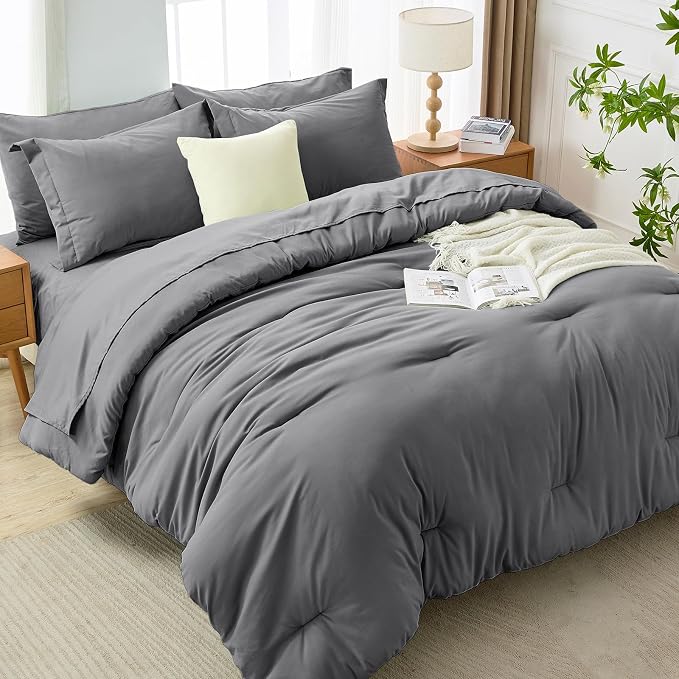 7 Pieces Full Comforter Set, Soft Bed in a Bag Full Size, All Season Bedding Set with Comforter, Flat Sheet, Fitted Sheet, Pillowcases & Shams, Dark Grey