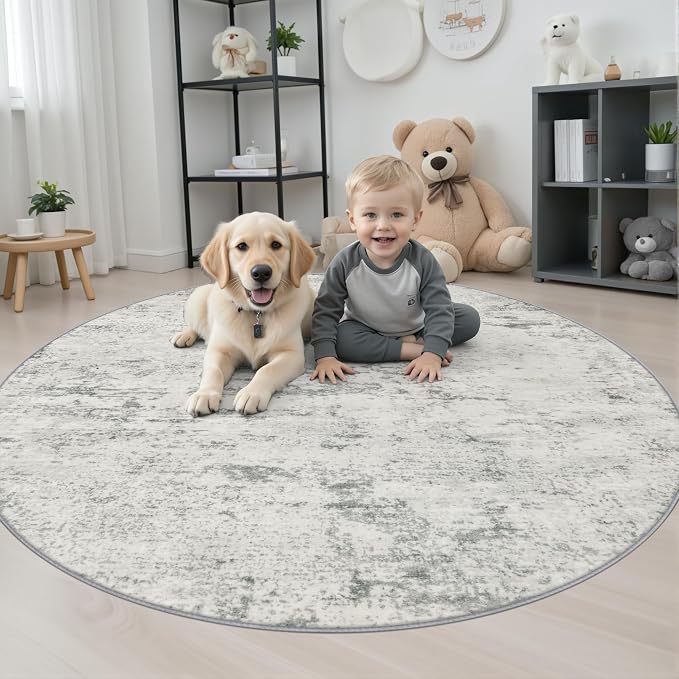 Round Area Rug Living Room: 4 ft Modern Washable Carpet Gray | For Bedroom Dining Room Farmhouse Nursery Hallway Office,Modern Abstract,Machine washable,Non-Slip,Stain Resistant,Indoor