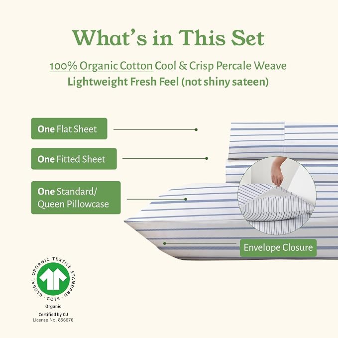 California Design Den 100% Organic Cotton Twin Size Bed Sheets Set, 3 Pc | GOTS Certified, Lightweight Crisp & Airy Percale For Hot Sleepers, All-around Elastic, Easy Care - Blue Stripe Print