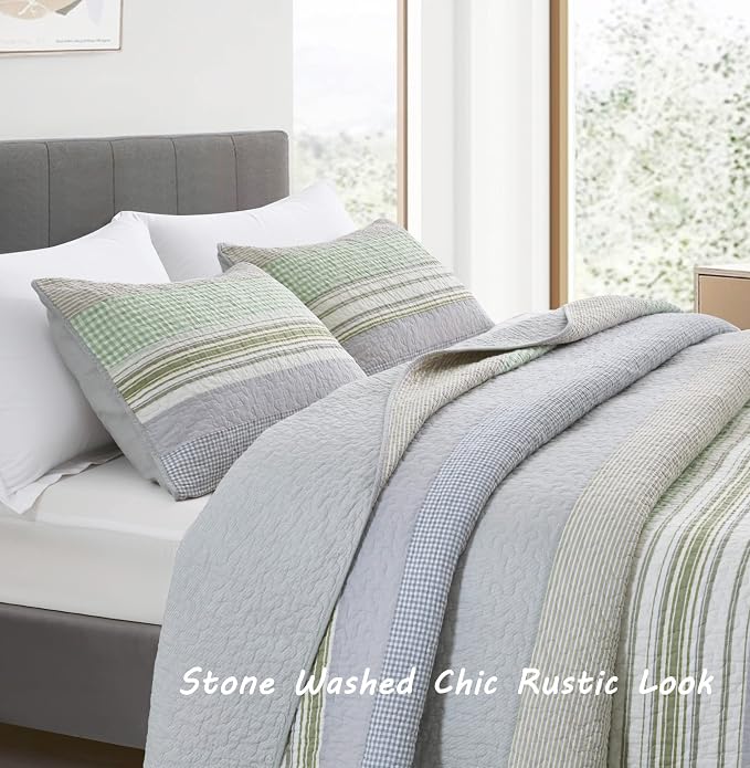 Chezmoi Collection Rene 3-Piece Boho Chic Patchwork Stripe Quilt Set - Green Gray White Plaid Candy Stripe Reversible Bedspread - Pre-Washed Cotton Lightweight Coverlet, Queen Size