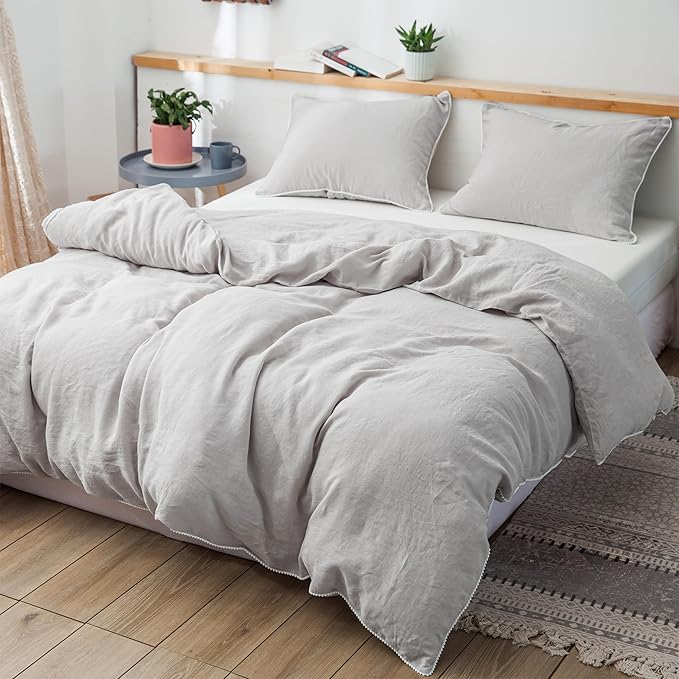 Simple&Opulence 100% Washed Linen Duvet Cover with Embroidered,3 Pieces Soft Farmhouse Comforter Set with Button Closure,1 Duvet Cover and 2 Pillowshams(Queen,Natural Linen)
