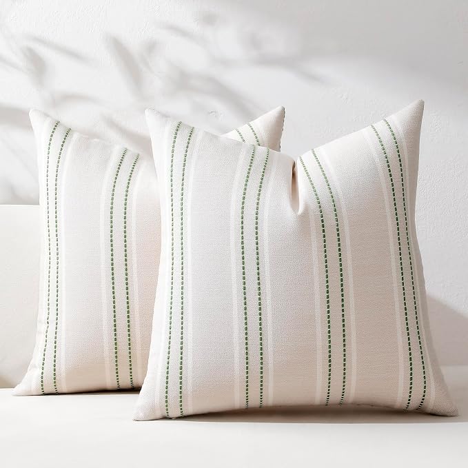 Hckot Striped Throw Pillow Covers 20x20 Set of 2 Grass Green Pillow Covers | Farmhouse Decorative Pillows Textured Linen Square Cushion Covers for Sofa Couch Bed Living Room Decor(Grass Green)