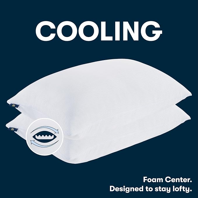 Serta Won't Go Flat Down Alternative Cooling Bed Pillows, Extra Life Foam Core with Medium Support, Perfect for Back, Stomach or Side Sleepers (2 Pack), Standard/Queen, White