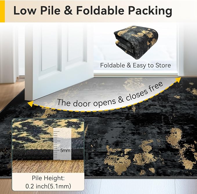 RELEANY Washable Square 9'x9' Area Rug for Living Room Black Gold | Carpet for Bedroom, Kitchen, Office, Hallway and Entryway, Printed Pattern, Non‑Slip, Soft, Stain‑Resistant, Easy to Clean